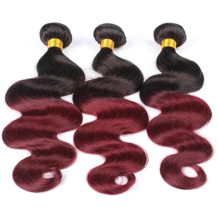 KPZ Hair Ombre Burgundy Body Wave Human Hair 3 Bundles With 4x4 Lace Closure 1B99J 100% Human Hair Extension Weaves