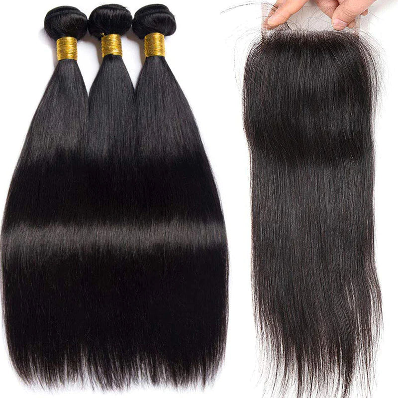 KPZHair Long Straight Hair 3 Bundles With 4x4 Lace Closure 100% Virgin Human Hair