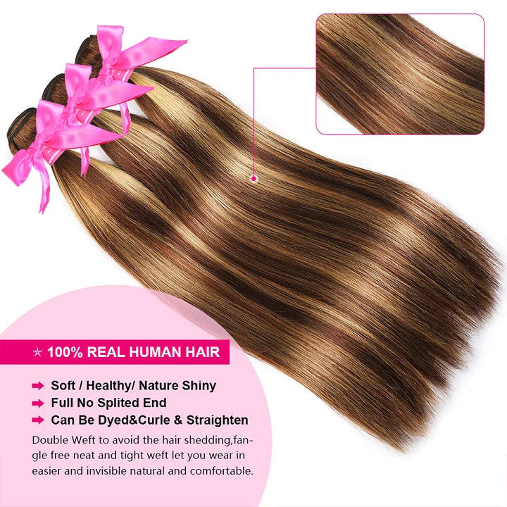 KPZ Hair Highlight Brown Straight 3 Bundles With 4x4 Lace Closure Ombre Blonde 100% Real Human Hair Extensions