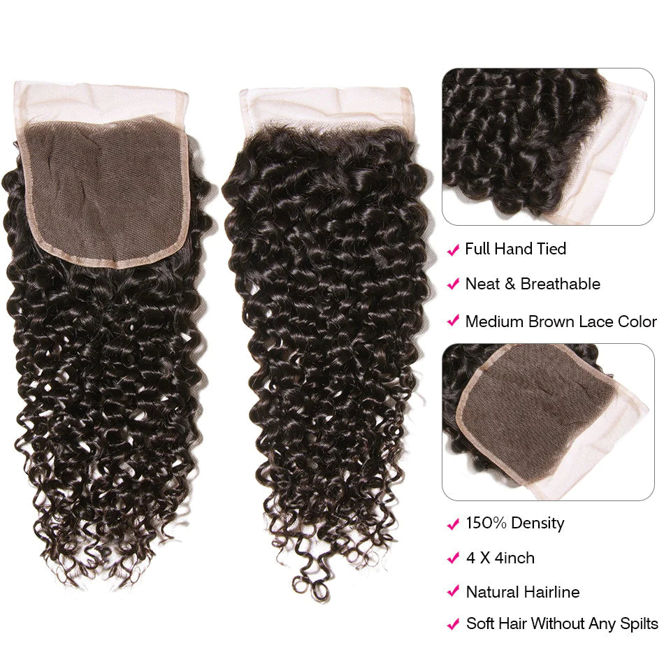 KPZ Hair Black Curly Hair 3 Bundles with 4x4 Lace Closure 100% Virgin Human Hair Weave