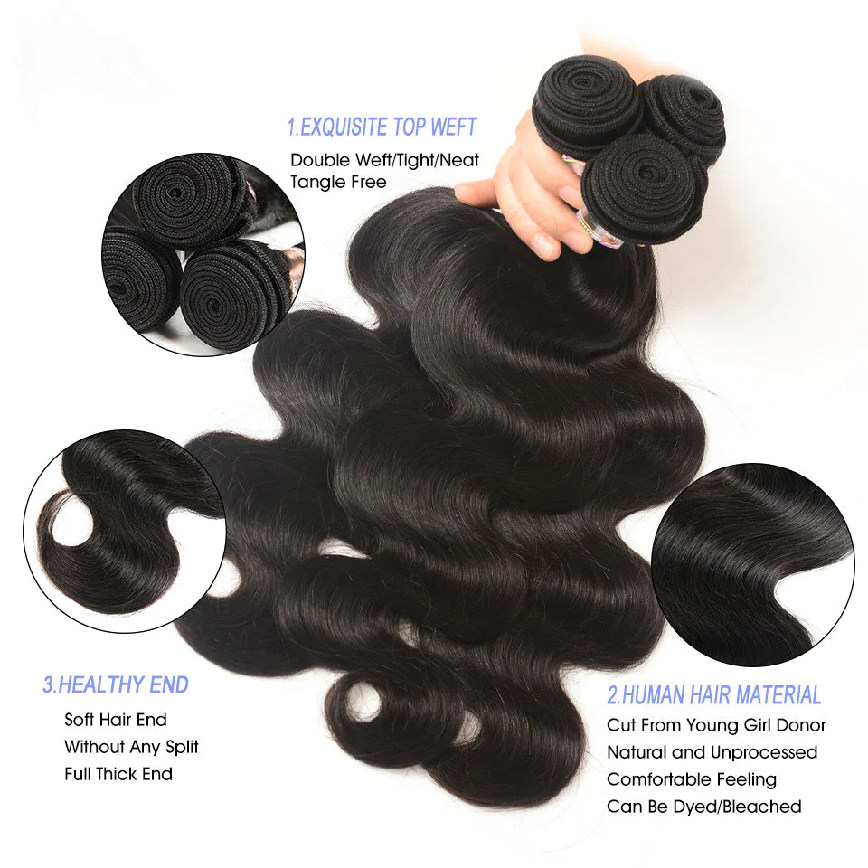 KPZ Hair Body Wave Hair 3 Bundles With 4x4 Lace Closure Unprocessed Human Virgin Hair