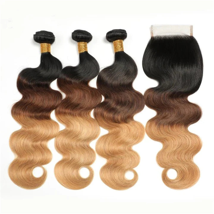 KPZ Hair Ombre Blonde Body Wave Human Hair 3 Bundles With 4x4 Lace Closure 100% Human Hair Extension Weaves