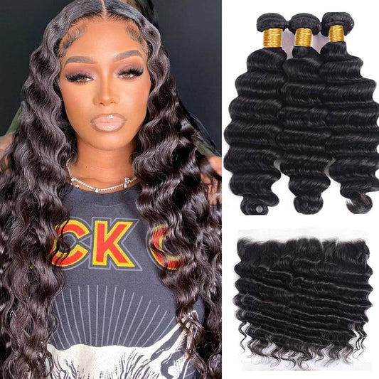 KPZ Hair Loose Deep Wave 13x4 Lace Frontal With 3 Bundles 100% Human Hair