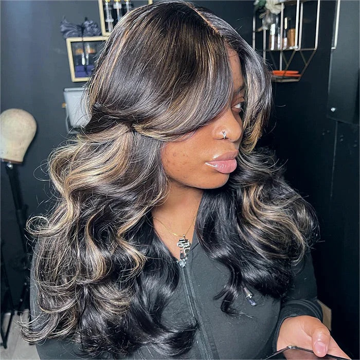 Curtain Bangs Highlight Honey Blonde Lace Wig Body Wave Glueless Wigs Human Hair 180% Density