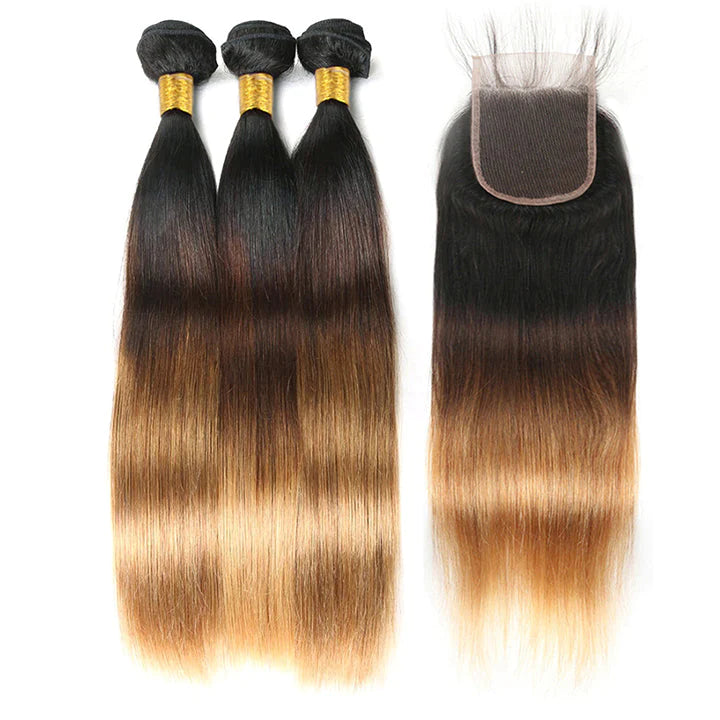 KPZ Hair Straight Blonde Human Hair 3 Bundles With 4x4 Lace Closure 3Tone (T1b427) 100% Human Hair Extension Weaves