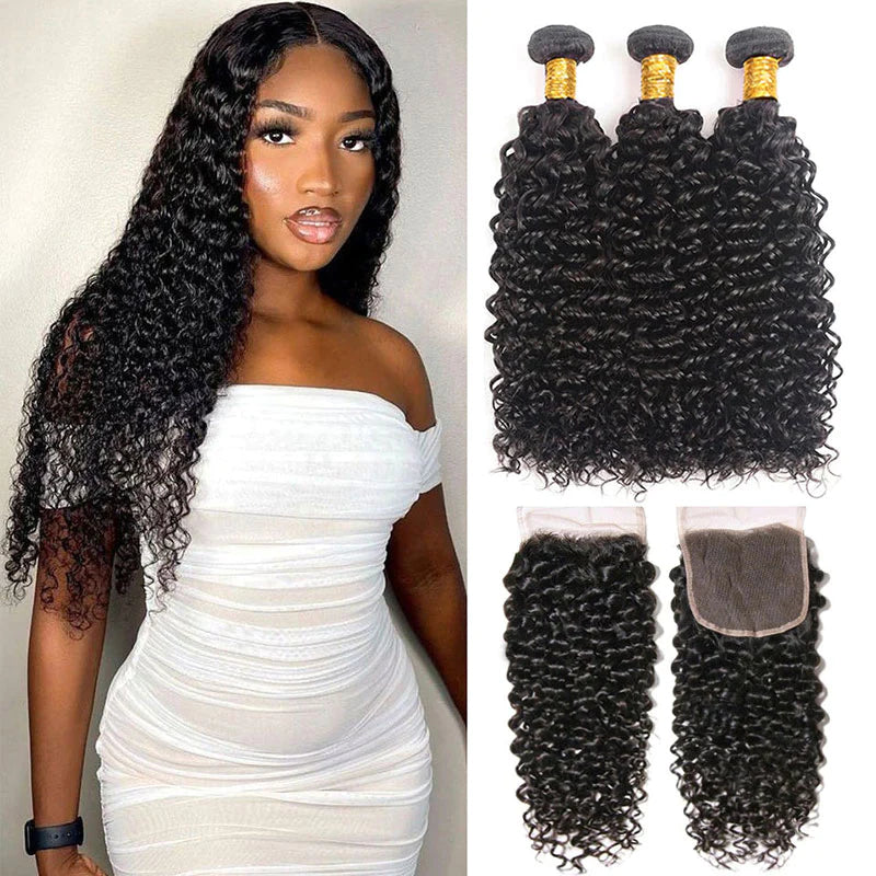 KPZ Hair Black Curly Hair 3 Bundles with 4x4 Lace Closure 100% Virgin Human Hair Weave