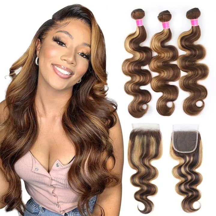 KPZ Hair Highlight P427 Straight/Body Wave Human Hair 3 Bundles With 4x4 Lace Closure 100% Human Hair Extension Weaves