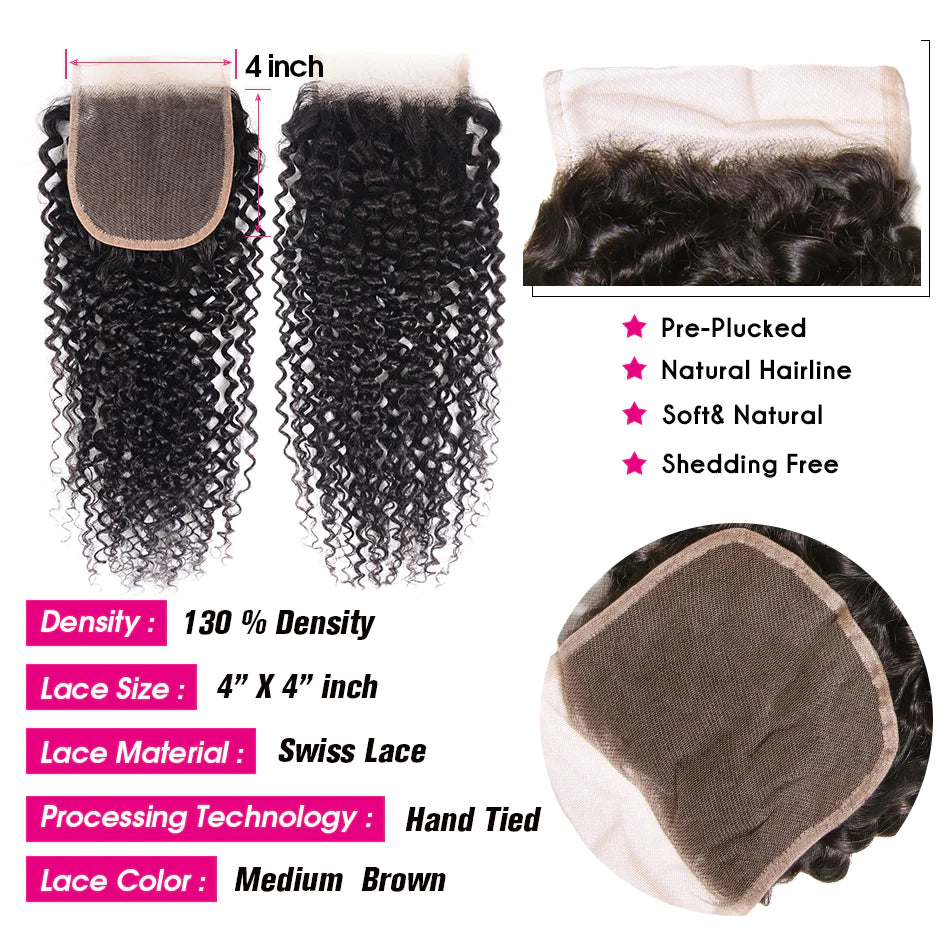 KPZ Hair Kinky Curly Hair 3 Bundles with 4x4 Lace Closure 100% Remi Human Hair Soft Shiny Wave Hair