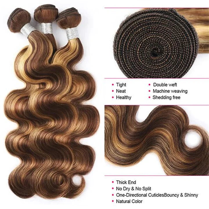 KPZ Hair Highlight P427 Straight/Body Wave Human Hair 3 Bundles With 4x4 Lace Closure 100% Human Hair Extension Weaves