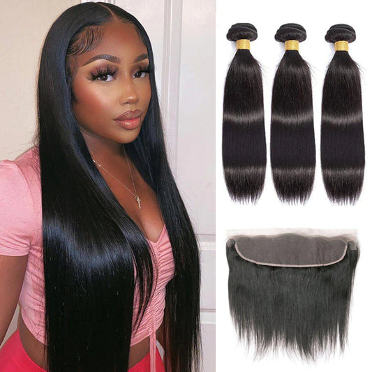 KPZ Hair 3 Bundles Brazilian Straight Hair with 13x4 Ear to Ear Lace Frontal