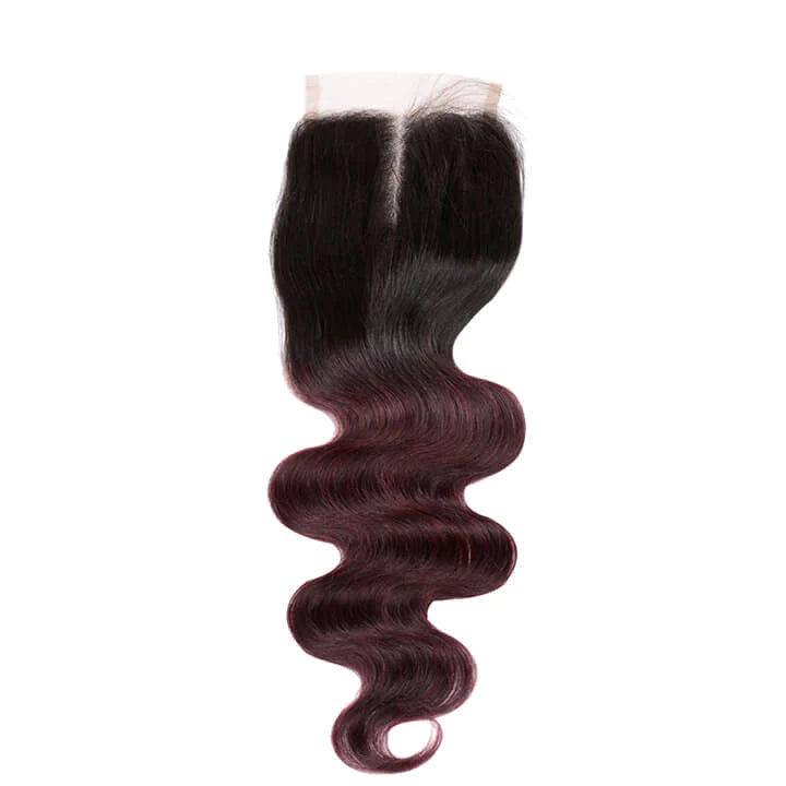 KPZHair Brazilian Body Wave 3 Bundles With 4x4 Lace Closure Ombre Burgundy 100% Real Human Hair Extensions