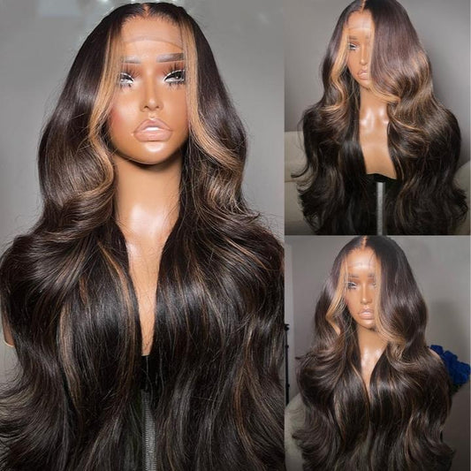 Money Piece Brown Body Wave HD Transparent Lace Front Wigs Glueless Skunk Stripe Color Human Hair Wigs