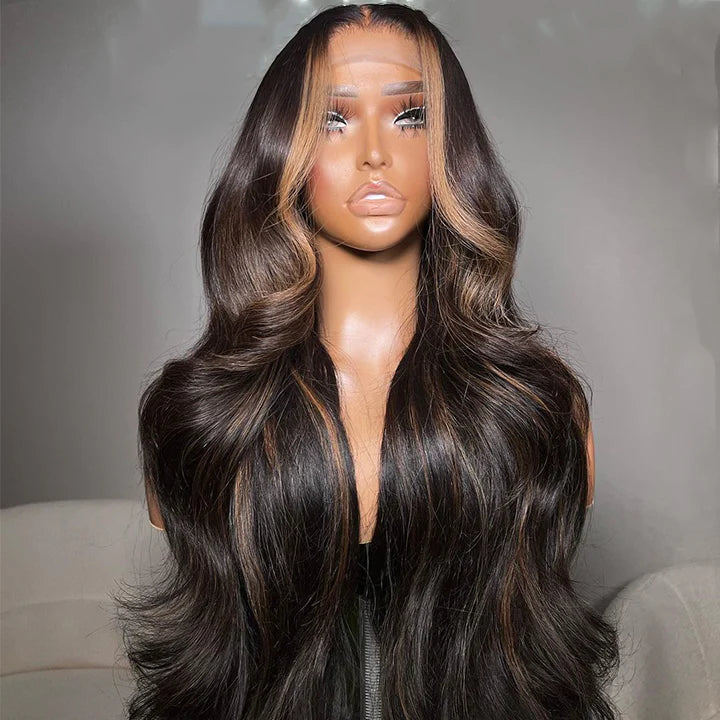 Money Piece Brown Body Wave HD Transparent Lace Front Wigs Glueless Skunk Stripe Color Human Hair Wigs