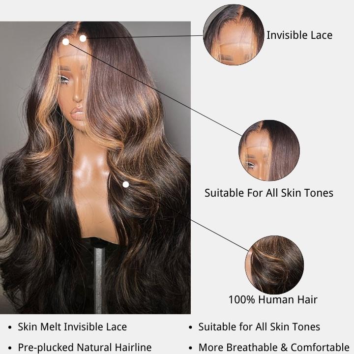 Money Piece Brown Body Wave HD Transparent Lace Front Wigs Glueless Skunk Stripe Color Human Hair Wigs