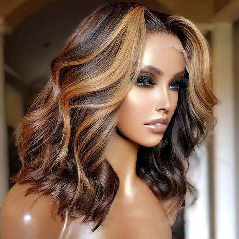 No Code Need: Honey Blonde Highlight Body Wave13x4 Lace Front 4x4 Lace Closure Human Hair Bob Wigs